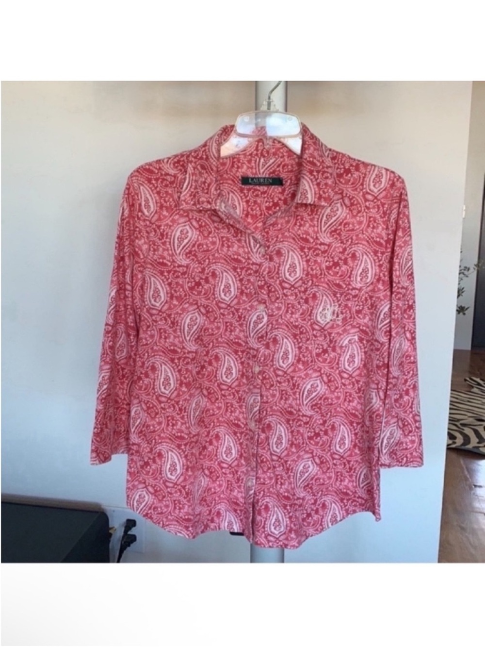 Lauren Ralph Lauren knit Embroidered Logo button shirt/top/blouse Sz M Paisley